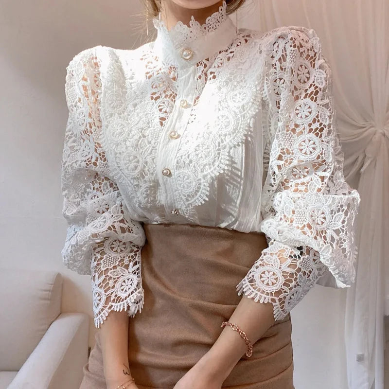 Kvinners Bluse med Blonder og Stativkrage Moderne Stil 2