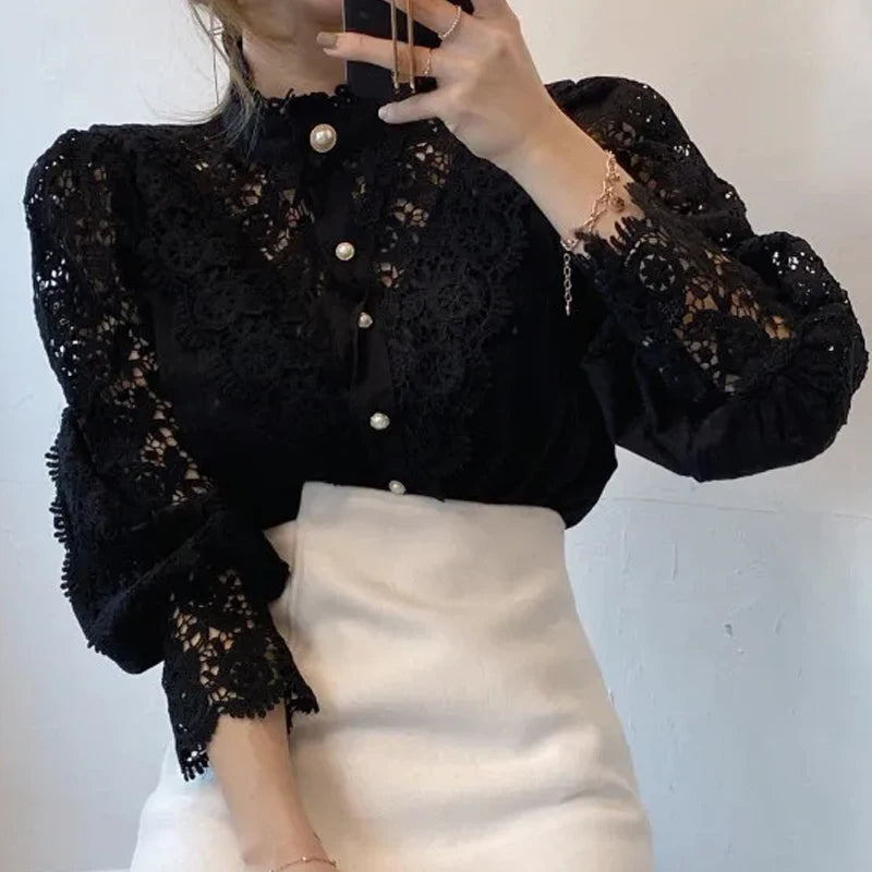 Kvinners Bluse med Blonder og Stativkrage Moderne Stil 3