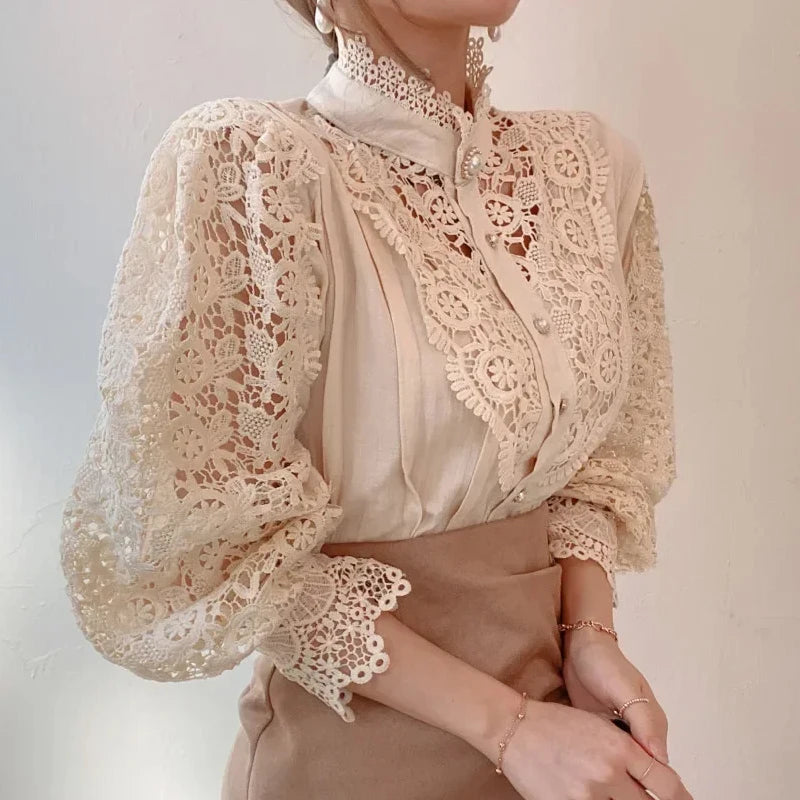 Kvinners Bluse med Blonder og Stativkrage Moderne Stil 4