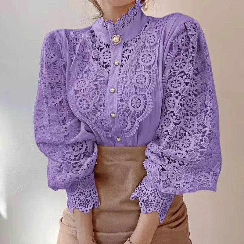 Kvinners Bluse med Blonder og Stativkrage Moderne Stil 5