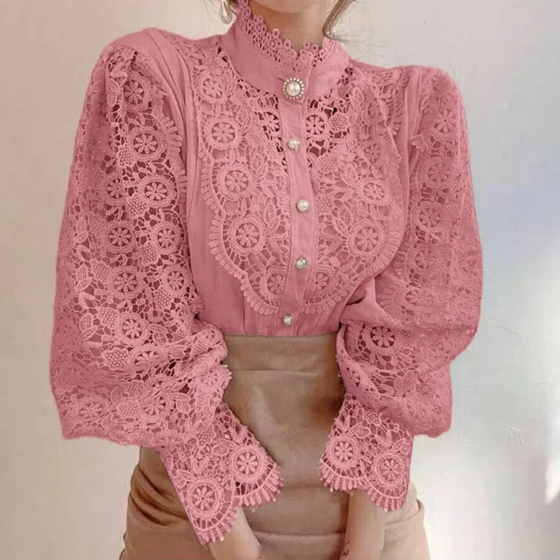 Kvinners Bluse med Blonder og Stativkrage Moderne Stil 6
