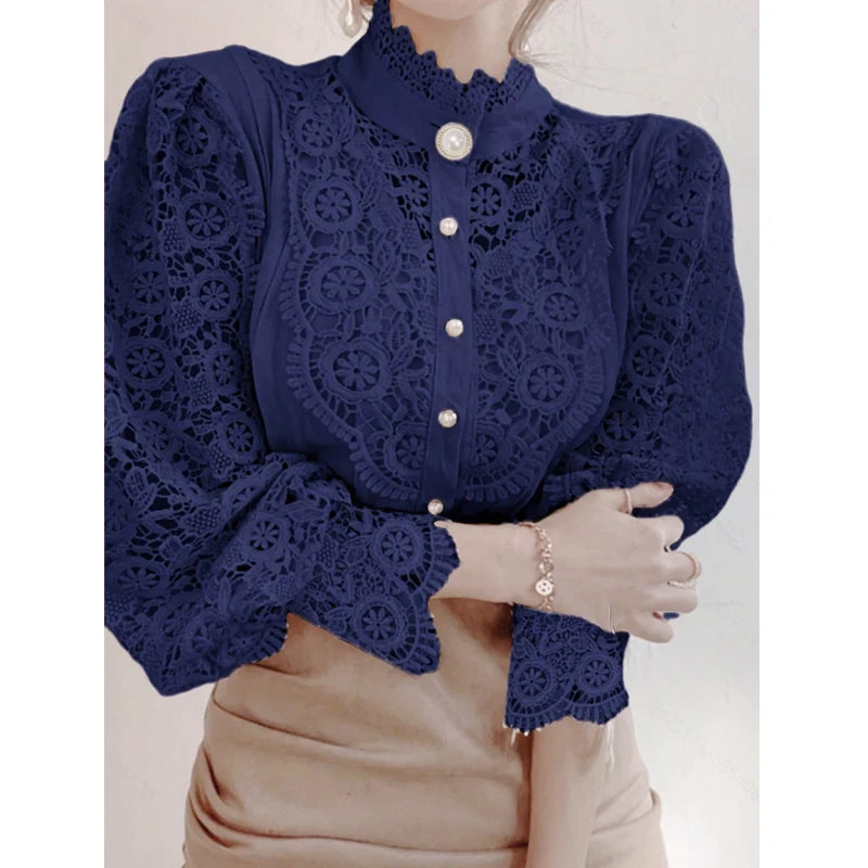 Kvinners Bluse med Blonder og Stativkrage Moderne Stil 7