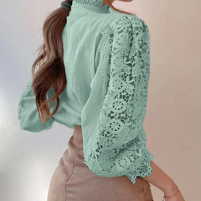 Kvinners Bluse med Blonder og Stativkrage Moderne Stil 8