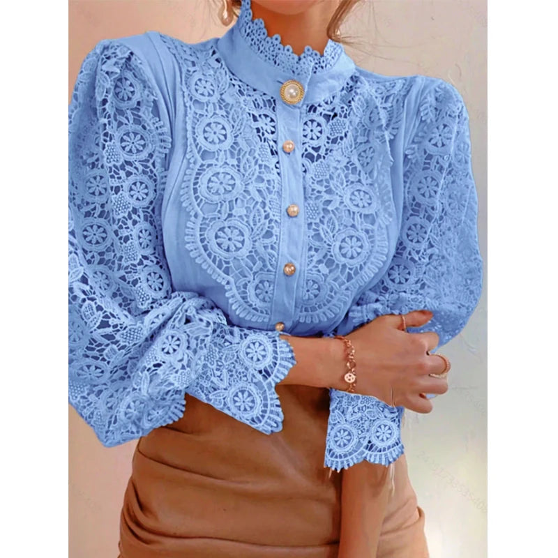 Kvinners Bluse med Blonder og Stativkrage Moderne Stil 9