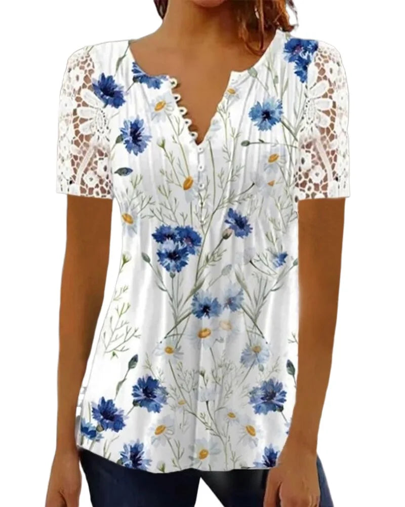Kvinners Bluse med V-hals og Blomstertrykk 2