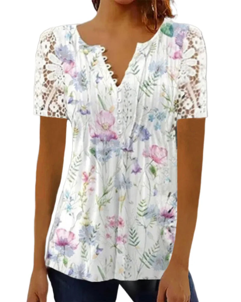Kvinners Bluse med V-hals og Blomstertrykk 4