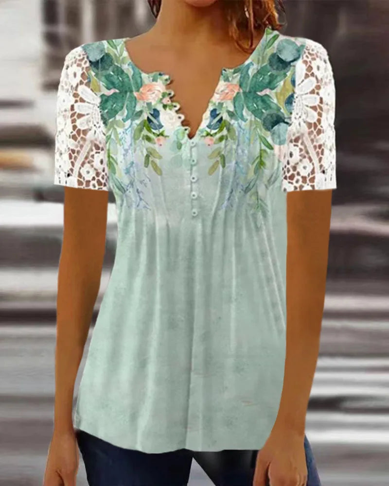 Kvinners Bluse med V-hals og Blomstertrykk 7