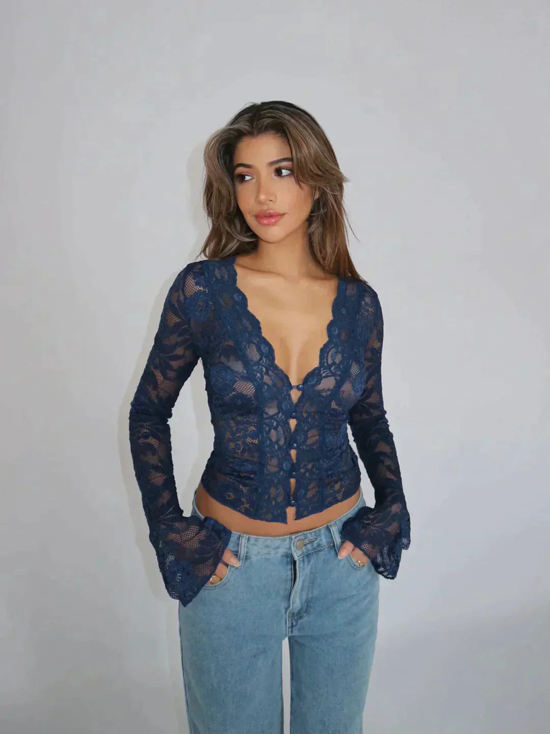 Kvinners Bodycon Topp med Blomsterblonde 8