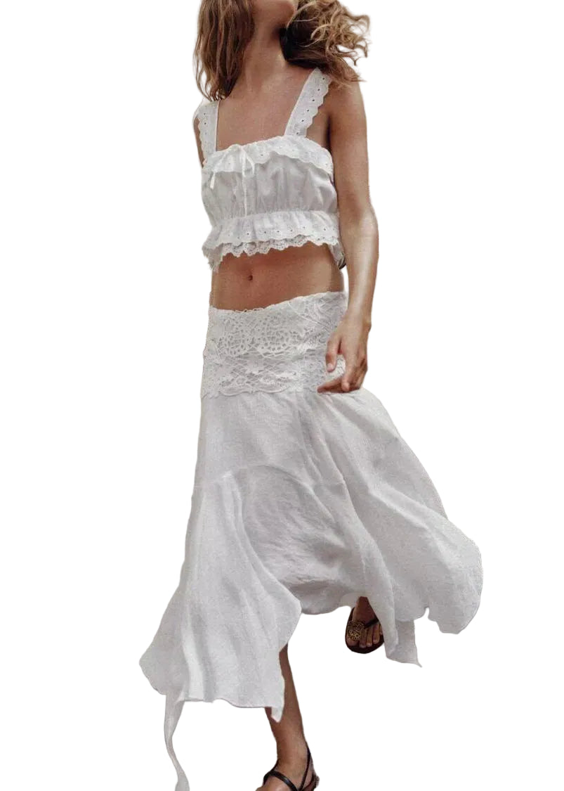 Kvinners Bomullssett Asymmetrisk Brodert Design 2