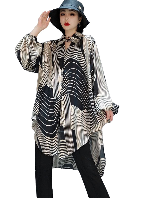 Kvinners Chiffon Skjorte med Striper og Lav-Høy Design 0