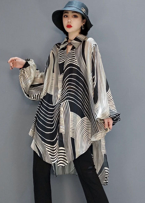 Kvinners Chiffon Skjorte med Striper og Lav-Høy Design 1