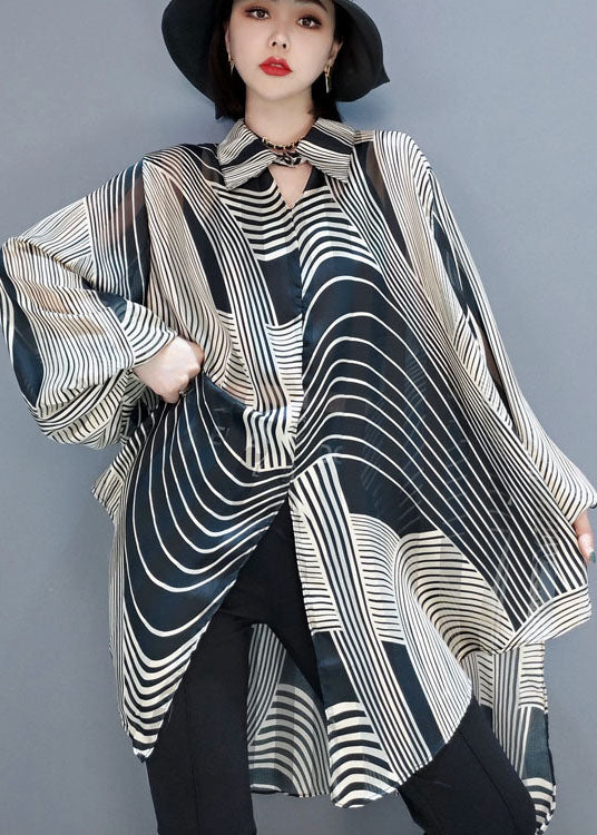 Kvinners Chiffon Skjorte med Striper og Lav-Høy Design 2
