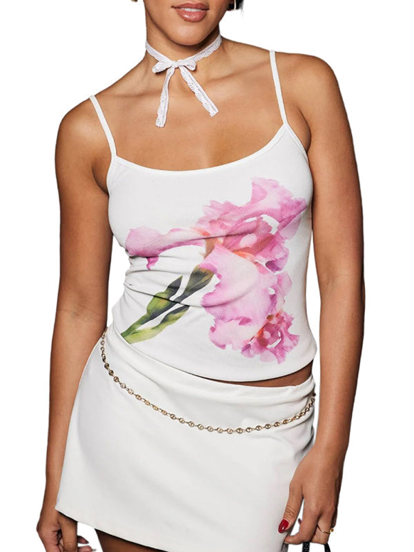 Kvinners Crop Top Blomstertrykk Ryggløs Spaghetti Stropp 4