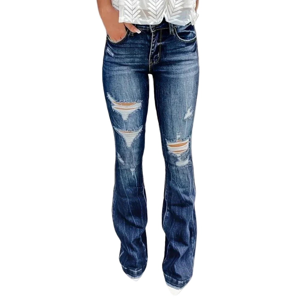 Kvinners Flarede Jeans med Ripped Detaljer 0