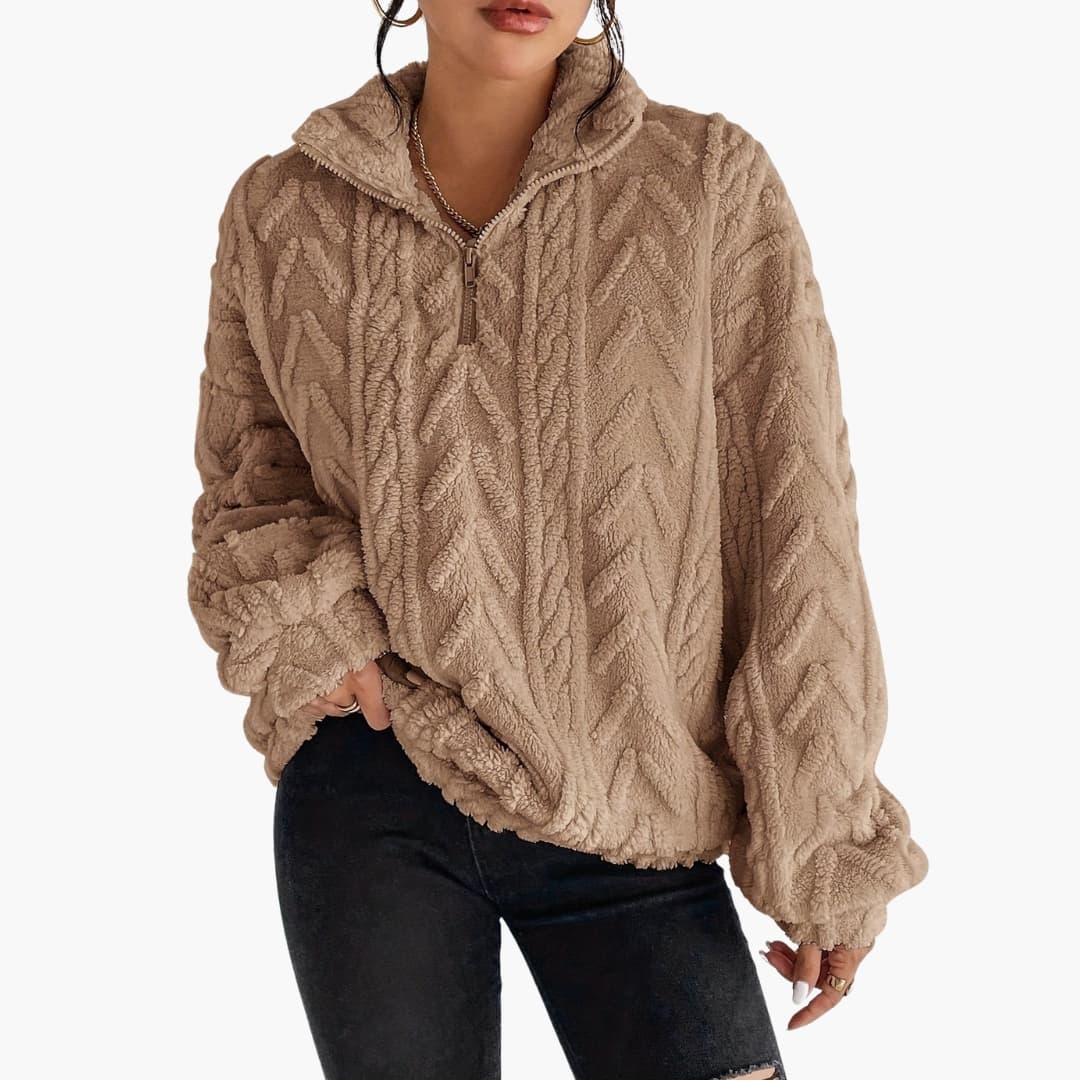 Kvinners Fleece Genser med Halv Glidelås og Kabelmønster 2