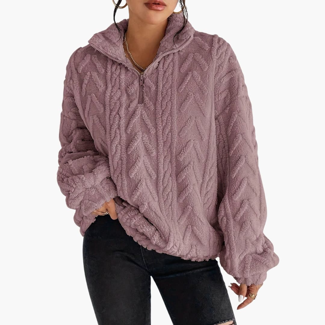 Kvinners Fleece Genser med Halv Glidelås og Kabelmønster 3
