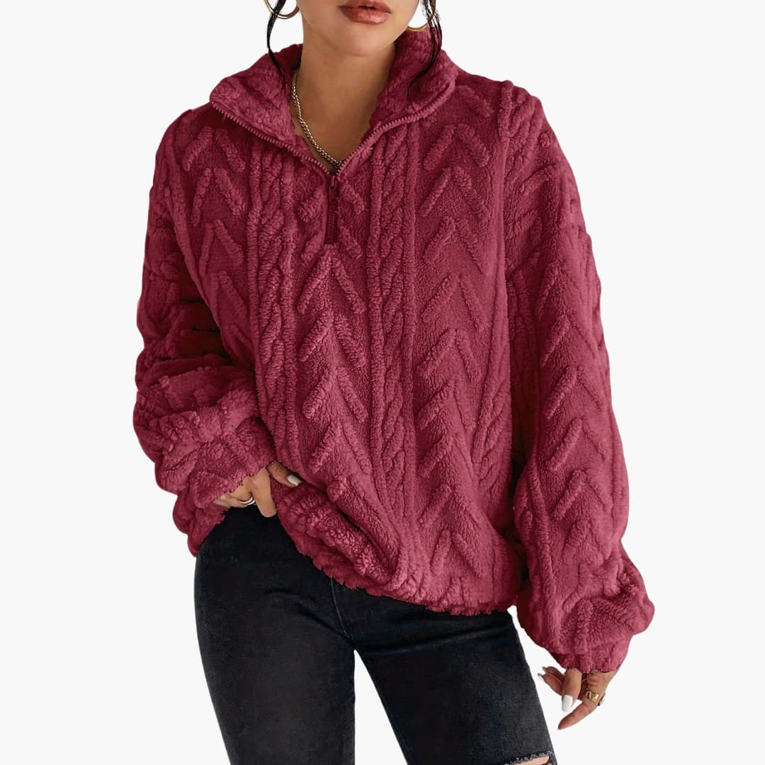 Kvinners Fleece Genser med Halv Glidelås og Kabelmønster 4