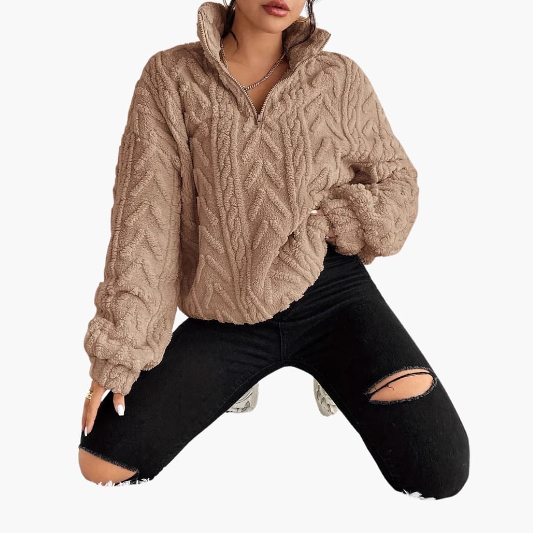 Kvinners Fleece Genser med Halv Glidelås og Kabelmønster 6