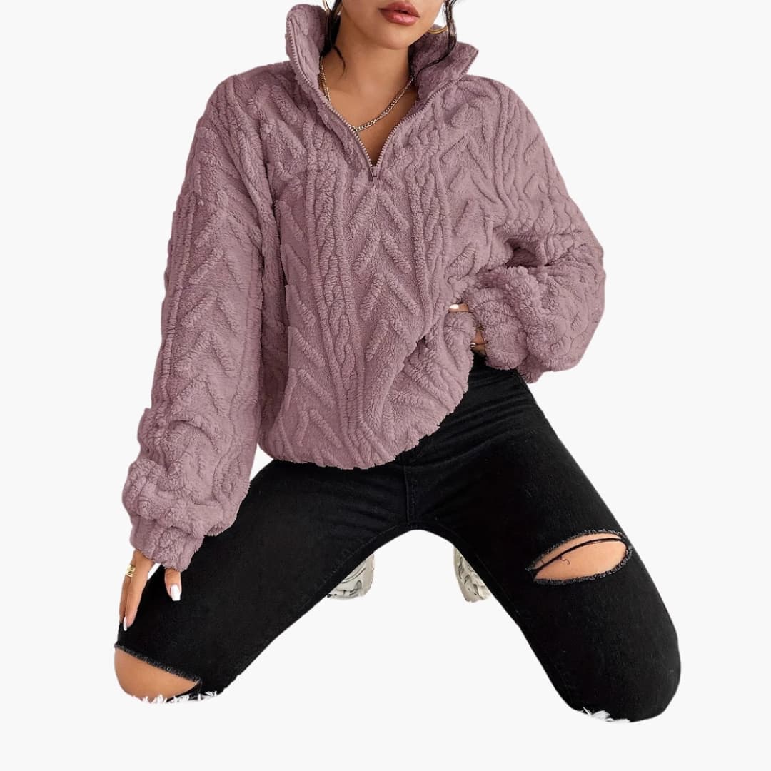 Kvinners Fleece Genser med Halv Glidelås og Kabelmønster 7