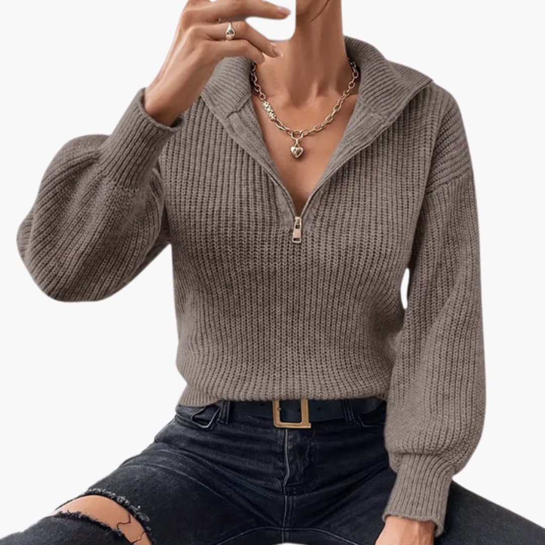 Kvinners Halfzip Strikkegenser med Stativkrage 6