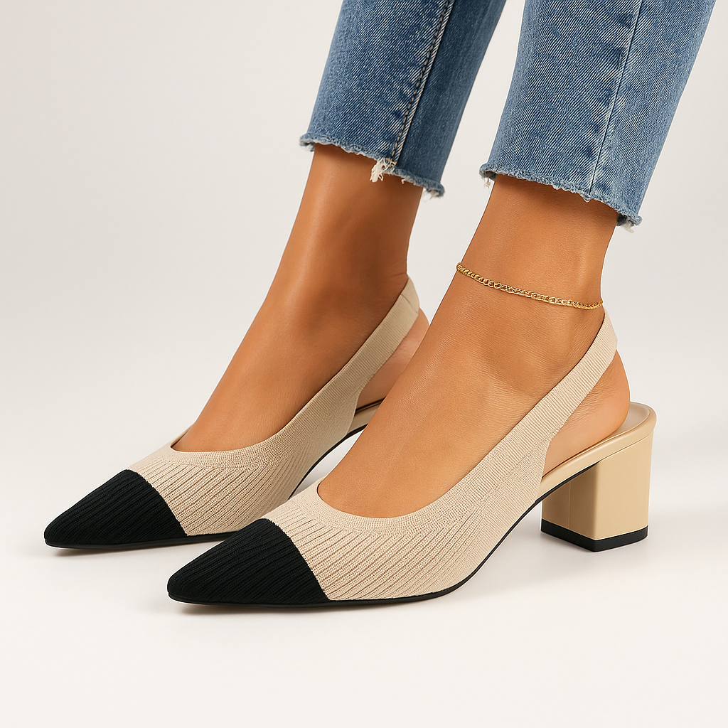 Kvinners Høye Hæler Slingback med Spiss Tå og Blokkhæl i Myk Strikket Struktur 1