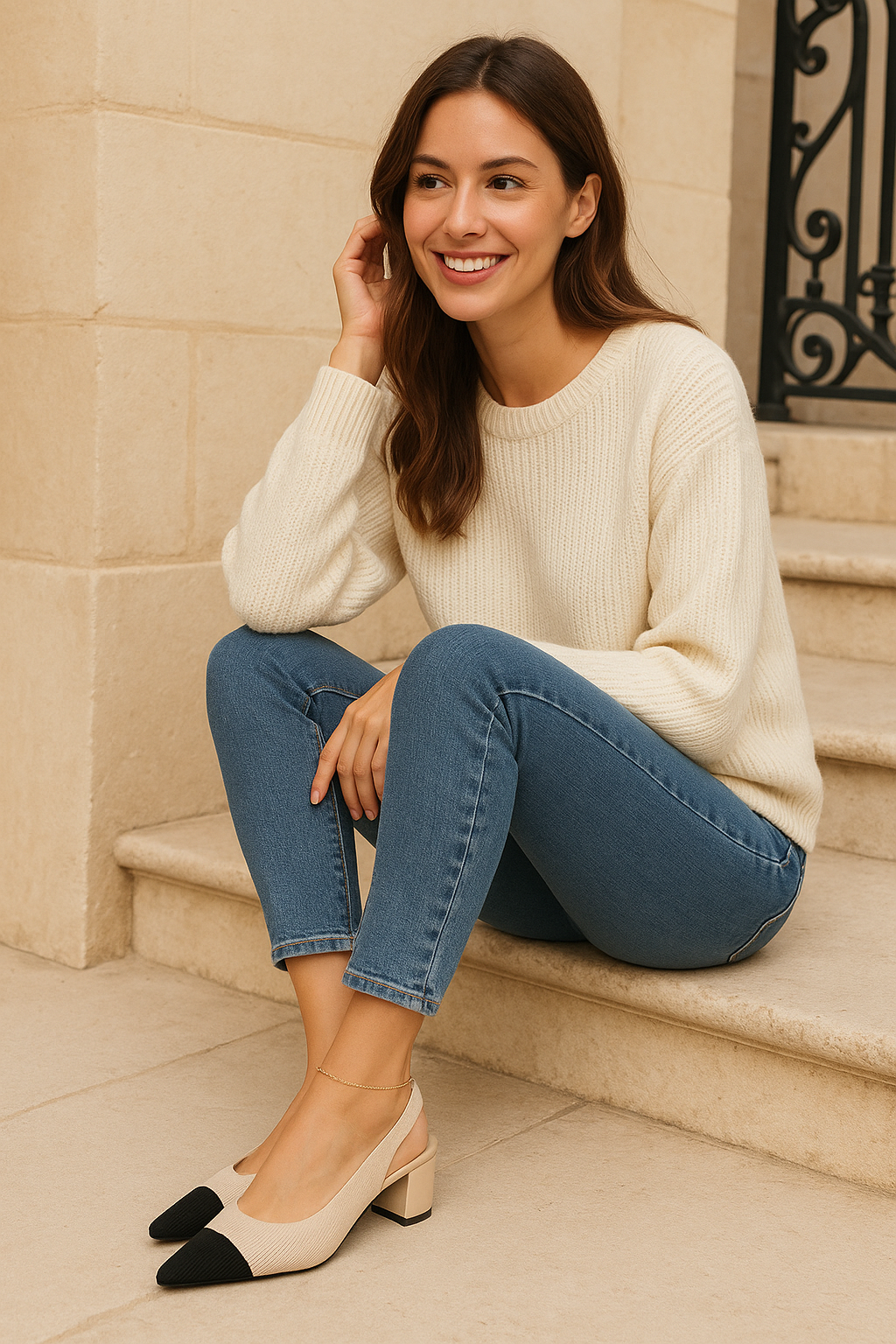 Kvinners Høye Hæler Slingback med Spiss Tå og Blokkhæl i Myk Strikket Struktur 2