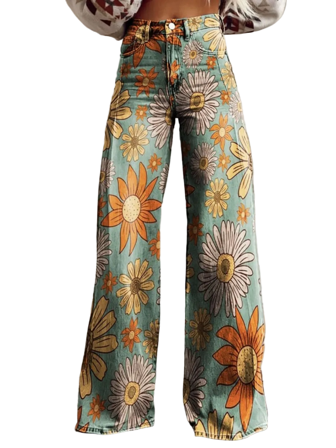 Kvinners Jeans med Brede Ben og Blomstertrykk 0