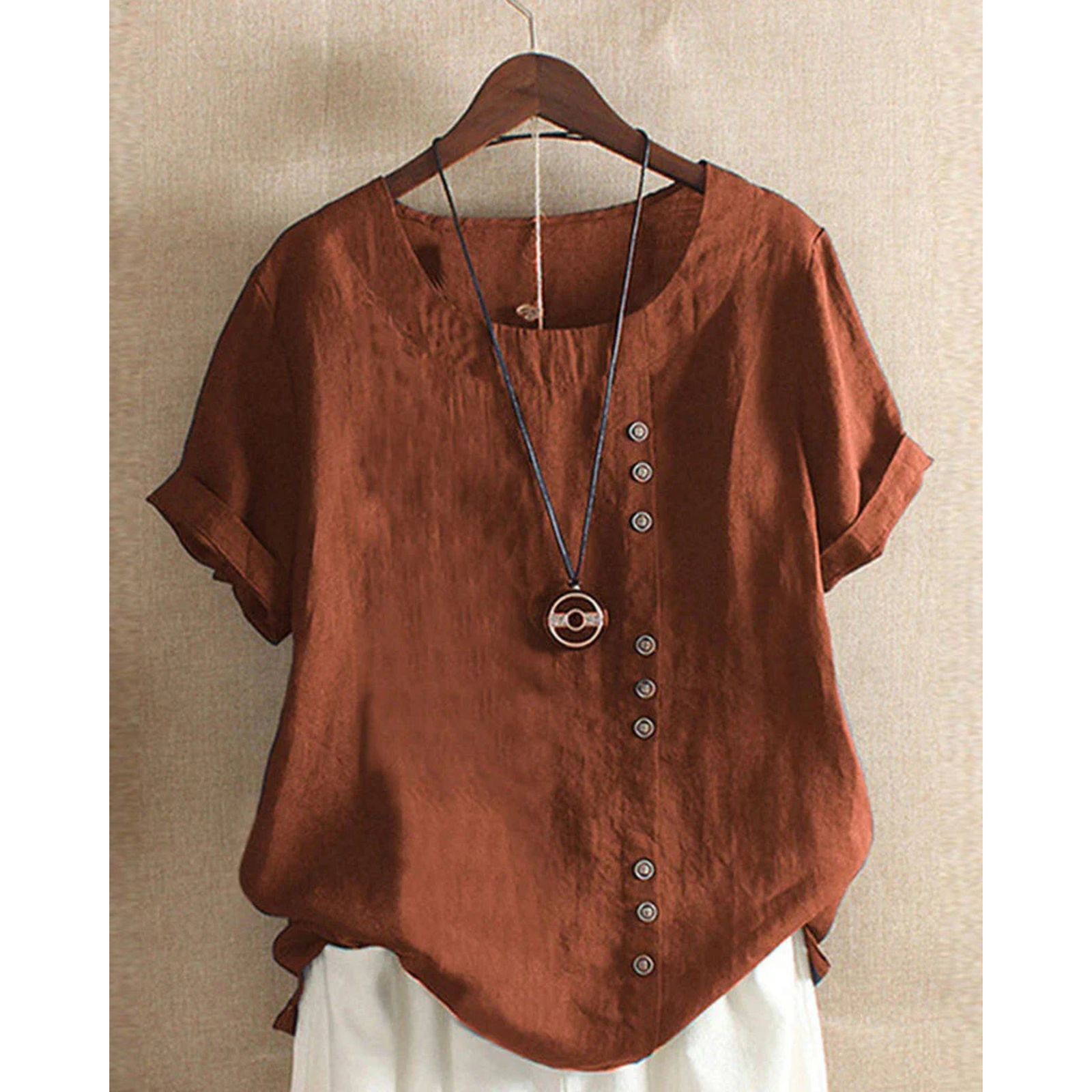 Kvinners Kortermet Bluse Rund Hals 2
