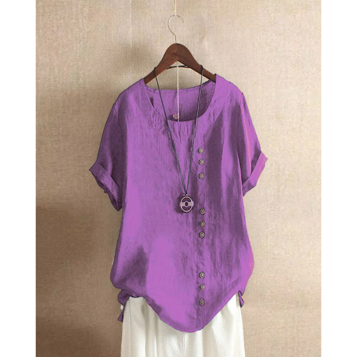 Kvinners Kortermet Bluse Rund Hals 8
