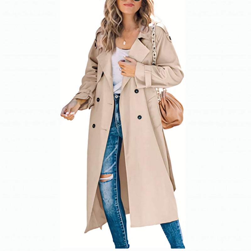 Kvinners Lang Trenchcoat med Dobbeltspent Front 3