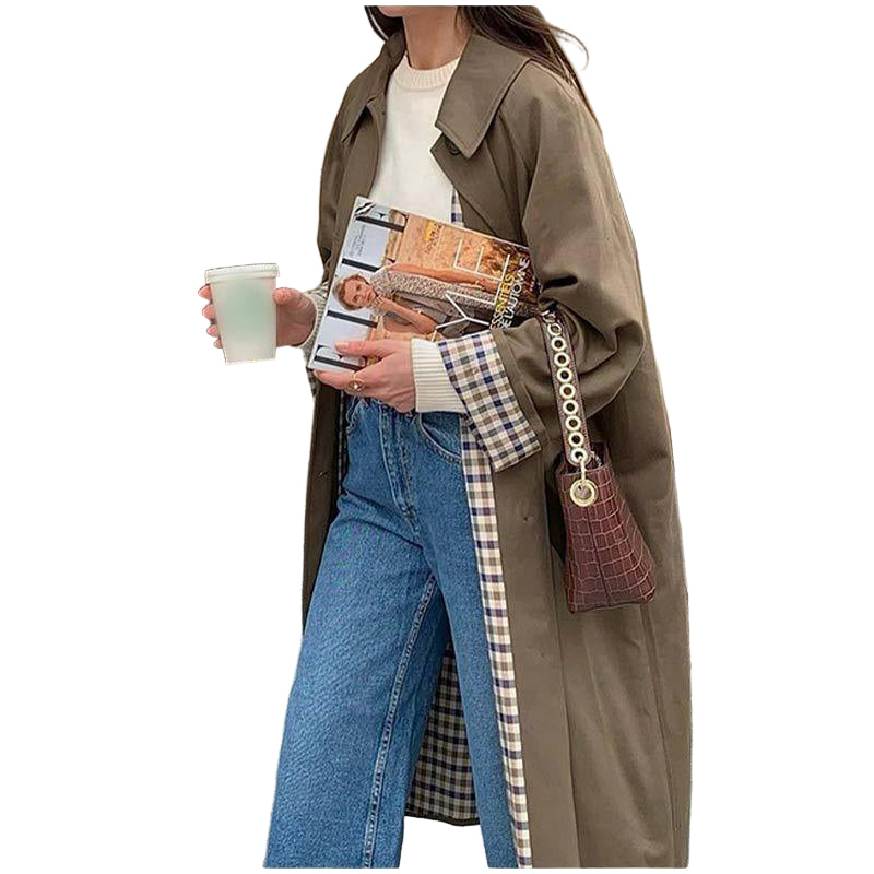 Kvinners Lang Trenchcoat med Rutenettfôr 0