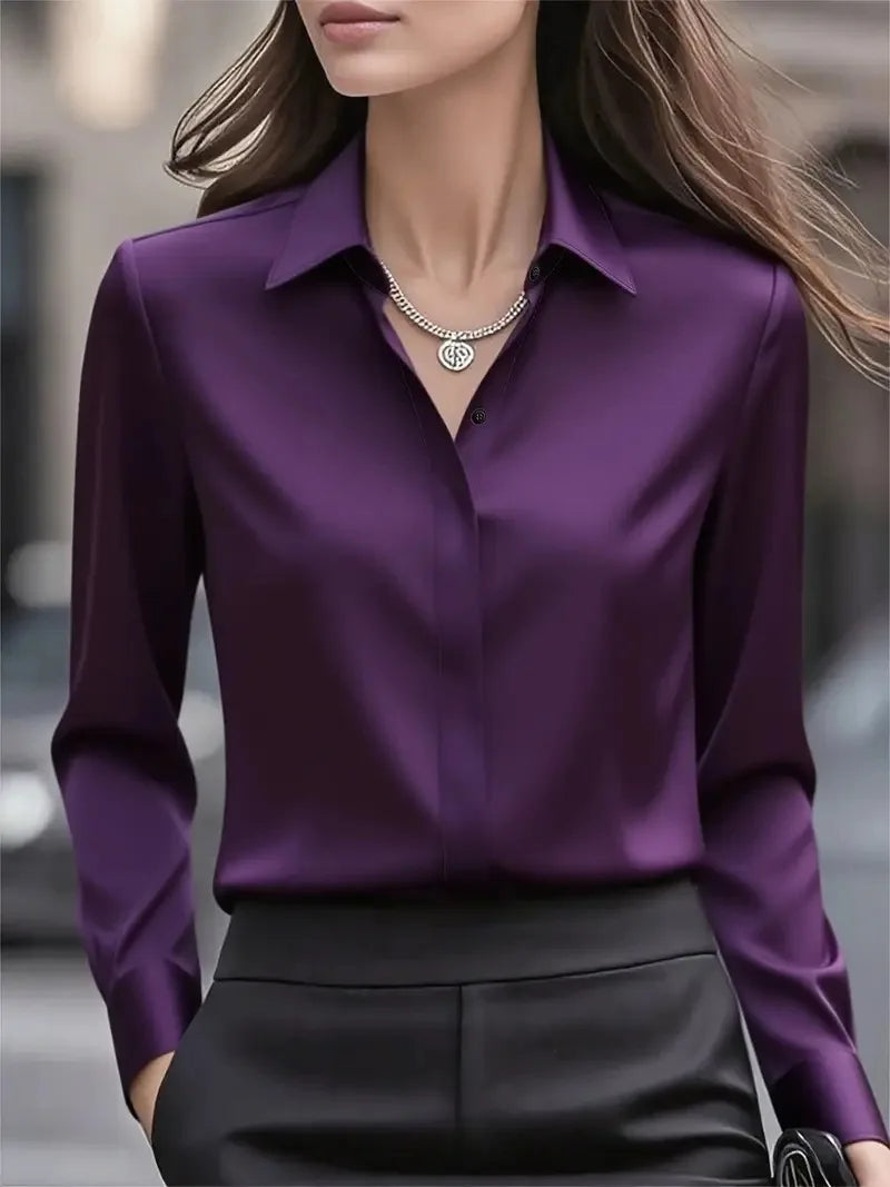 Kvinners Langermet Bluse med Satengknapper 11