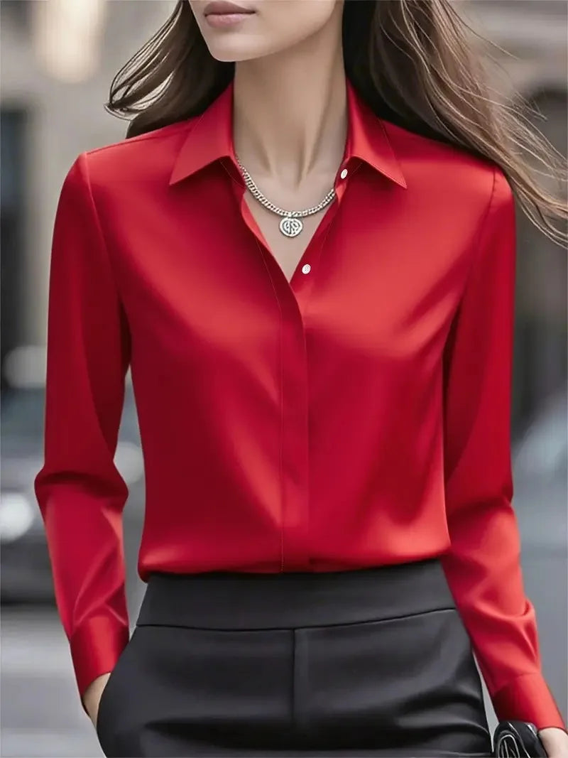Kvinners Langermet Bluse med Satengknapper 2