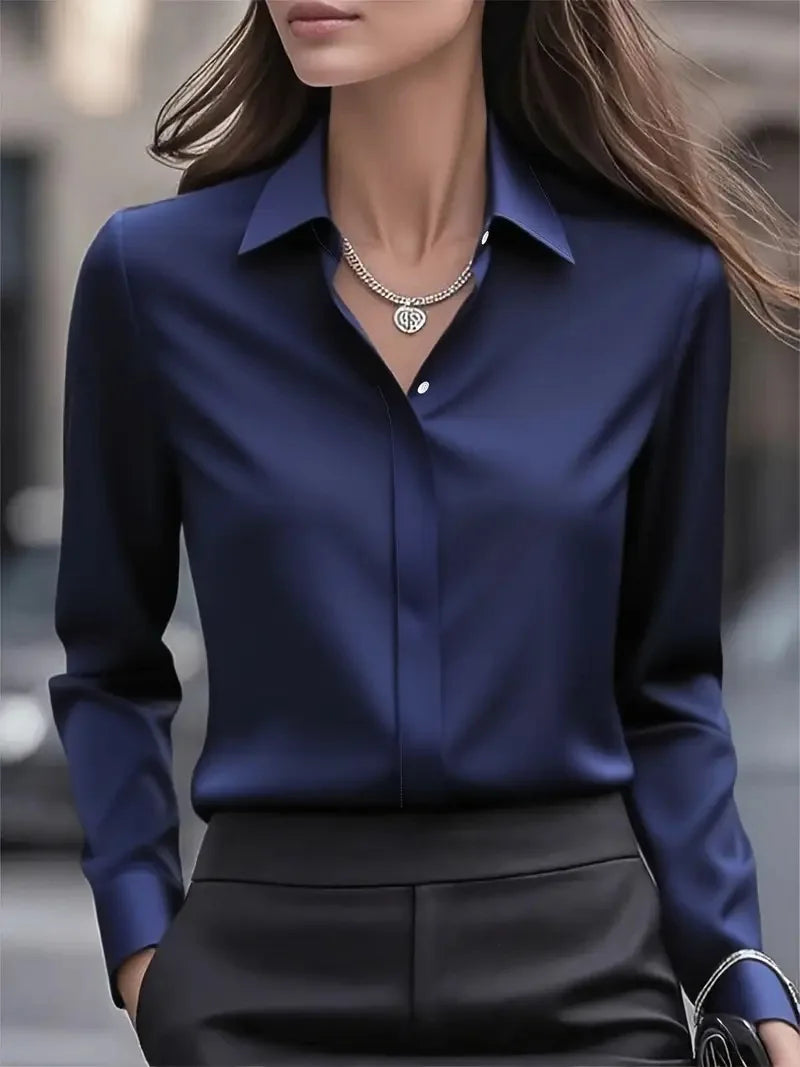 Kvinners Langermet Bluse med Satengknapper 3
