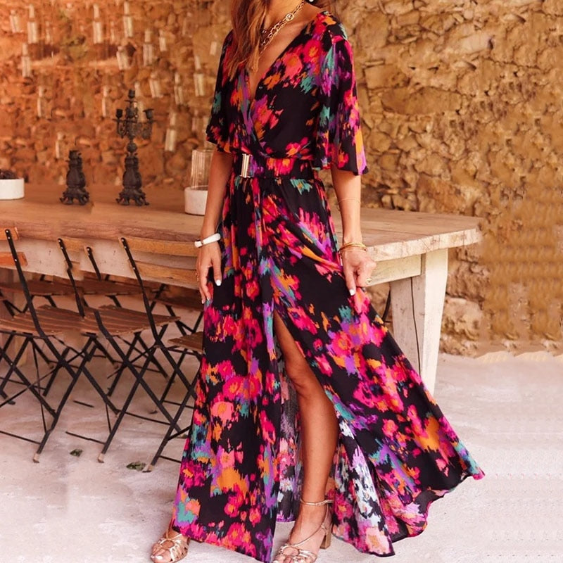 Kvinners Maxi Kjole Med Høy Splitt Boho Stil 3