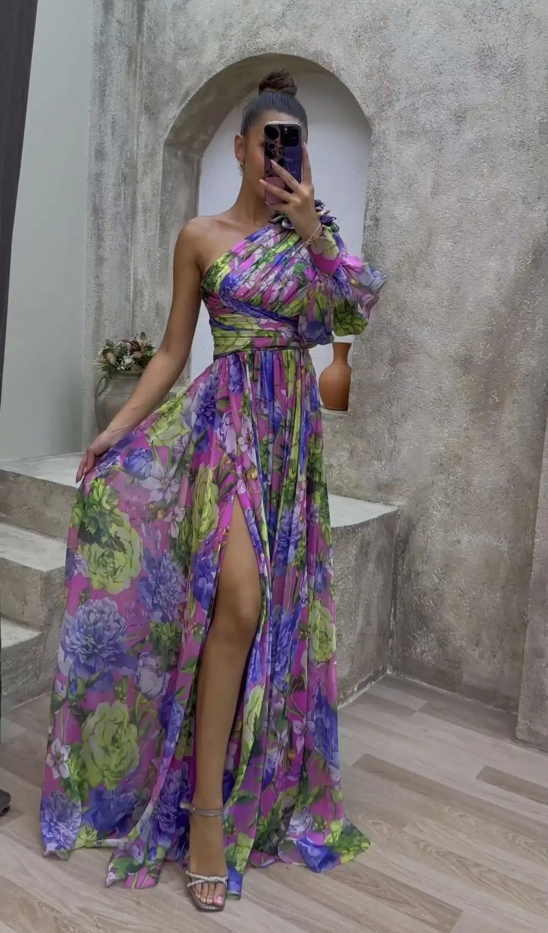 Kvinners Maxikjole Off-the-Shoulder Blomsterprint Polyester til Bryllup 0