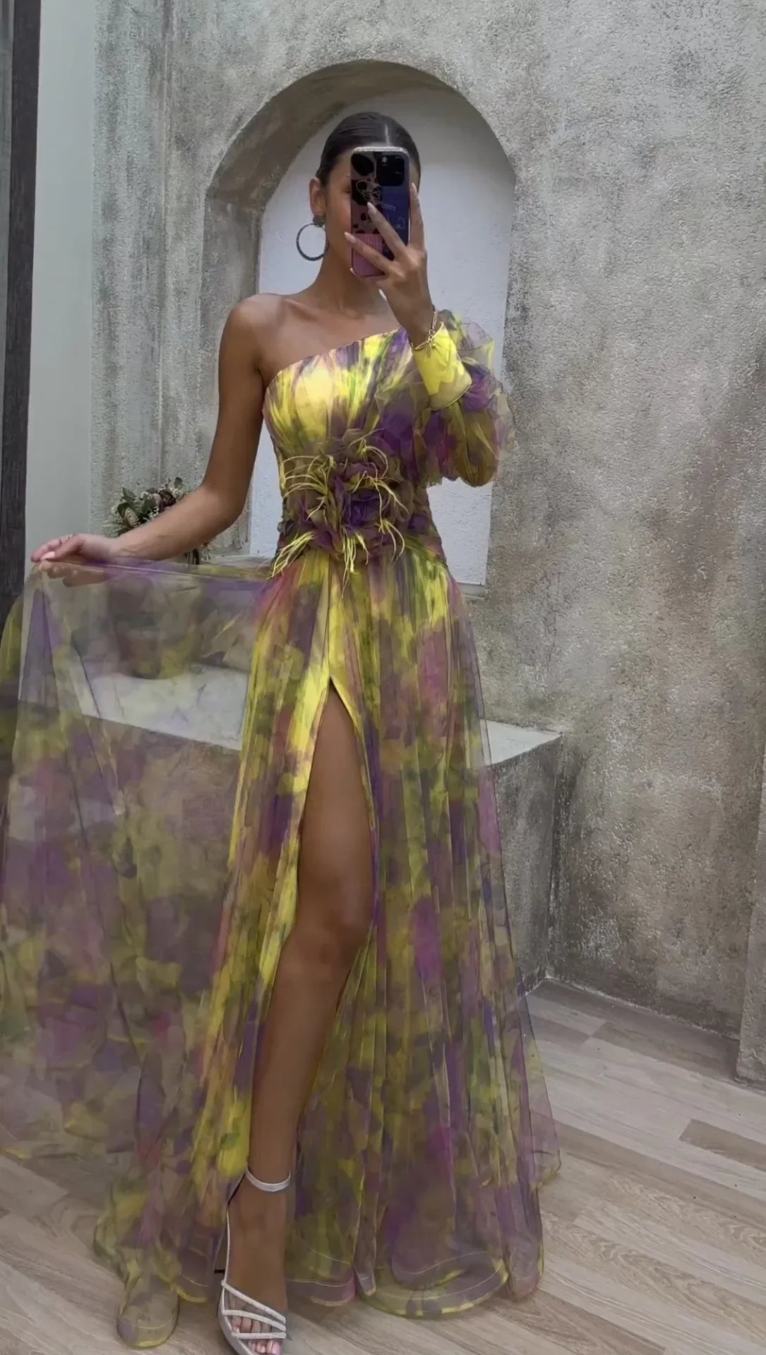 Kvinners Maxikjole Off-the-Shoulder Blomsterprint Polyester til Bryllup 1