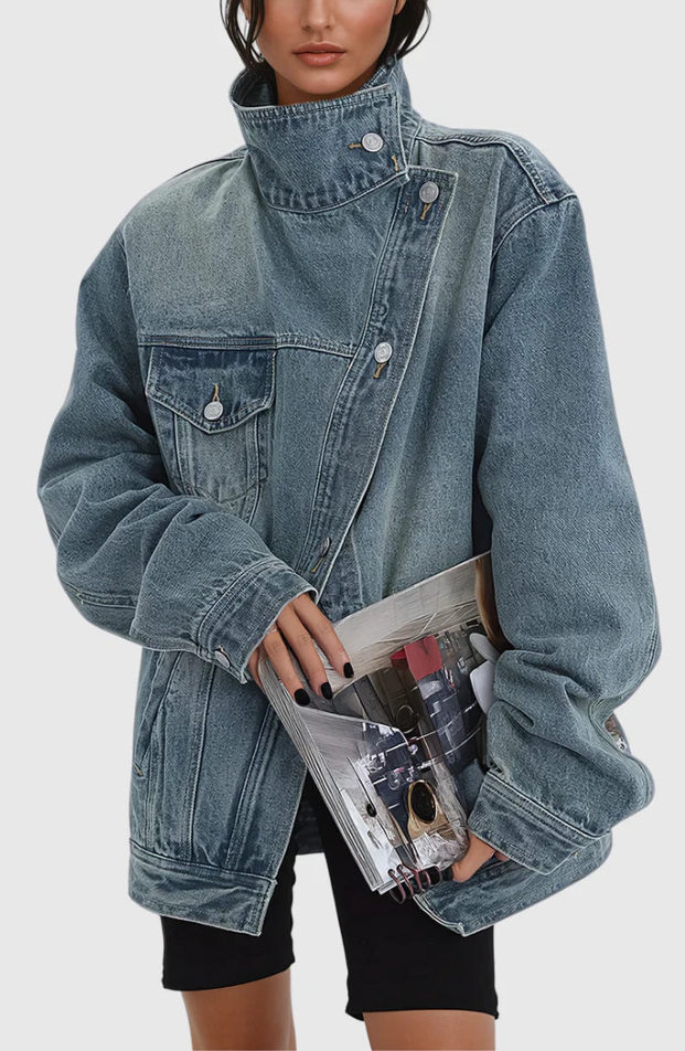Kvinners Oversized Denim Jakke med Høy Krage og Asymmetrisk Design 1