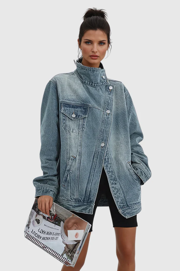 Kvinners Oversized Denim Jakke med Høy Krage og Asymmetrisk Design 2