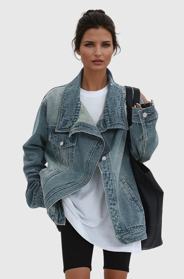 Kvinners Oversized Denim Jakke med Høy Krage og Asymmetrisk Design 3
