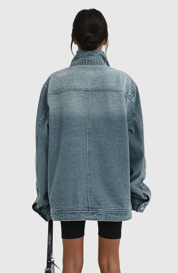 Kvinners Oversized Denim Jakke med Høy Krage og Asymmetrisk Design 4