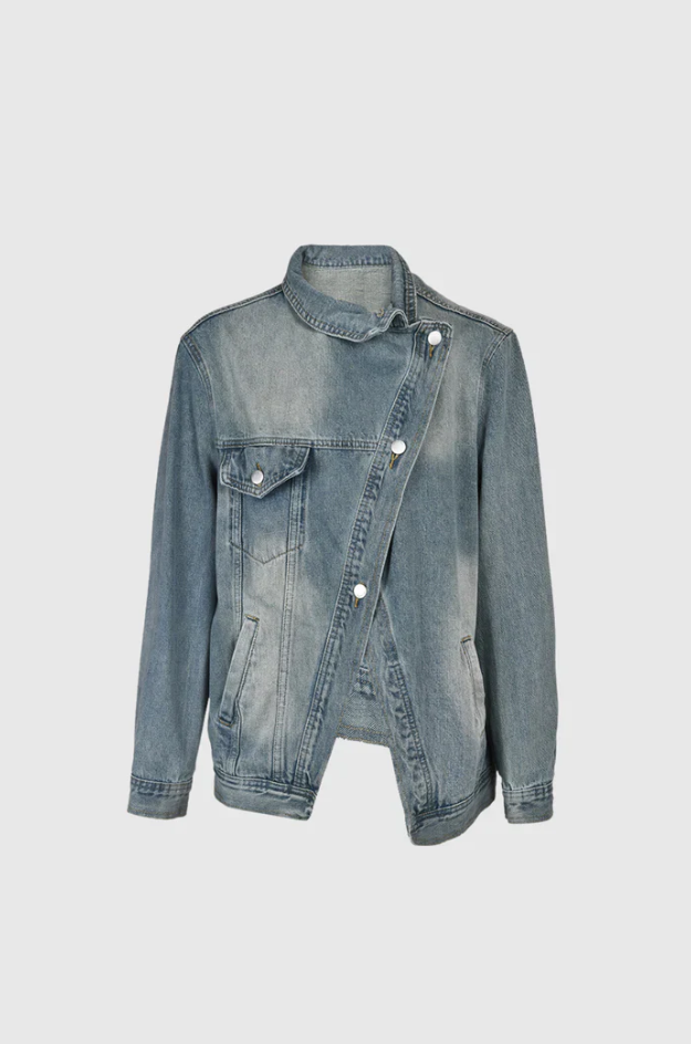 Kvinners Oversized Denim Jakke med Høy Krage og Asymmetrisk Design 5