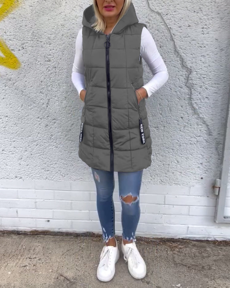 Kvinners Puffer Jakke Langline Uten Ermer Polyester Med Hette 10