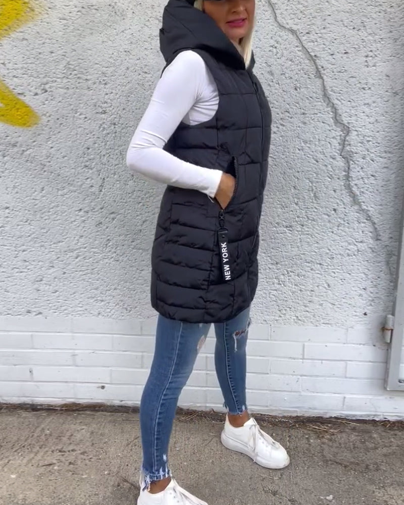 Kvinners Puffer Jakke Langline Uten Ermer Polyester Med Hette 2