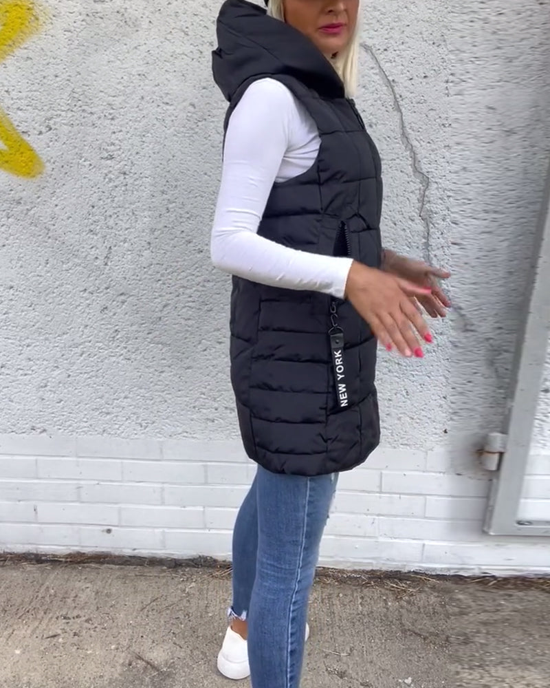 Kvinners Puffer Jakke Langline Uten Ermer Polyester Med Hette 3