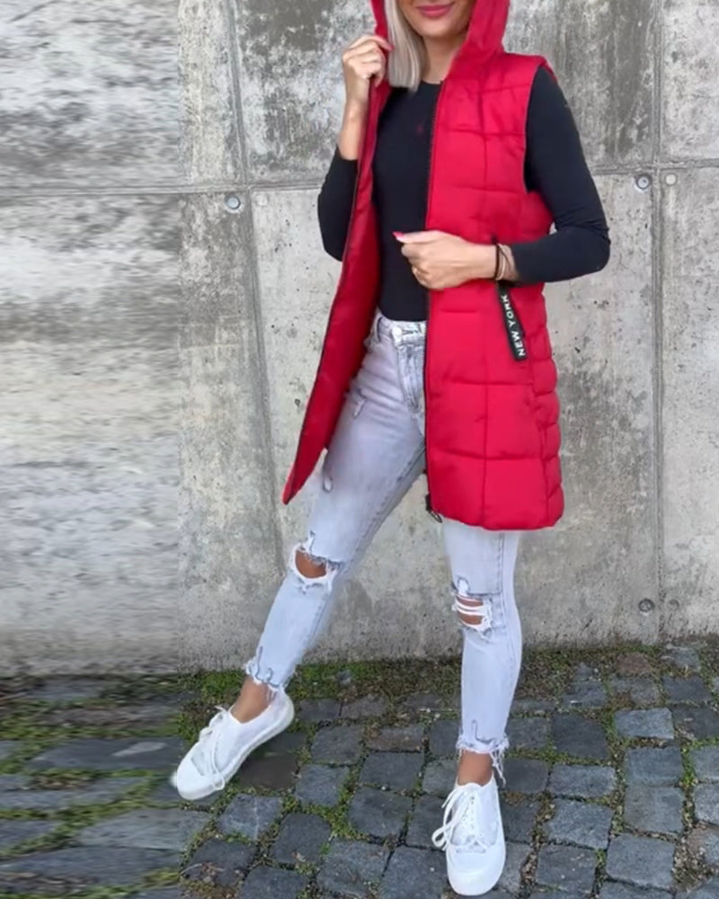 Kvinners Puffer Jakke Langline Uten Ermer Polyester Med Hette 5