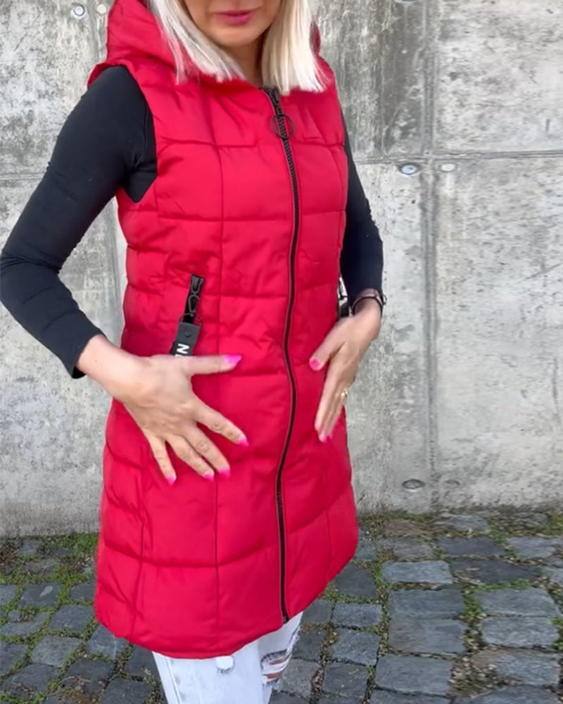 Kvinners Puffer Jakke Langline Uten Ermer Polyester Med Hette 7