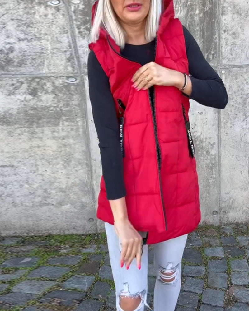 Kvinners Puffer Jakke Langline Uten Ermer Polyester Med Hette 8