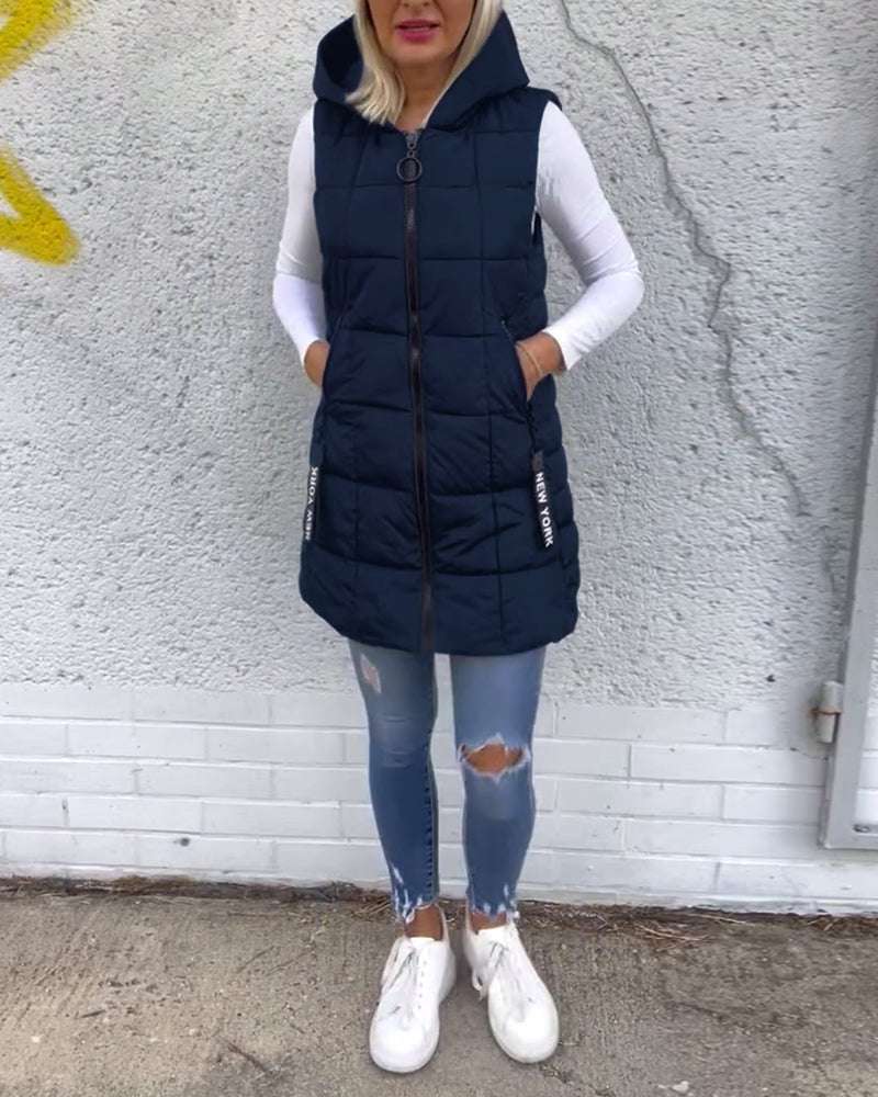 Kvinners Puffer Jakke Langline Uten Ermer Polyester Med Hette 9
