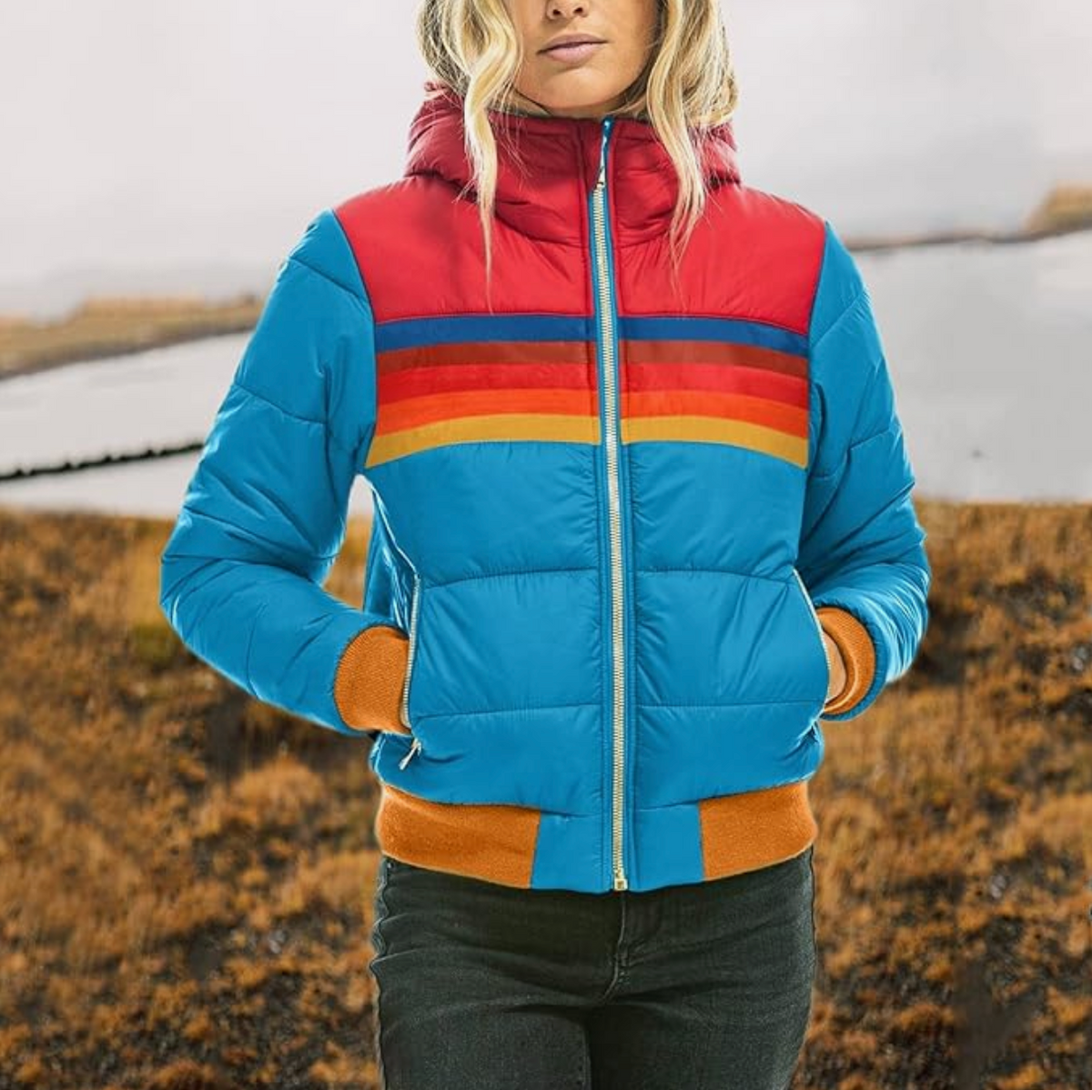 Kvinners Pufferjakke med Retrostripet Design 1